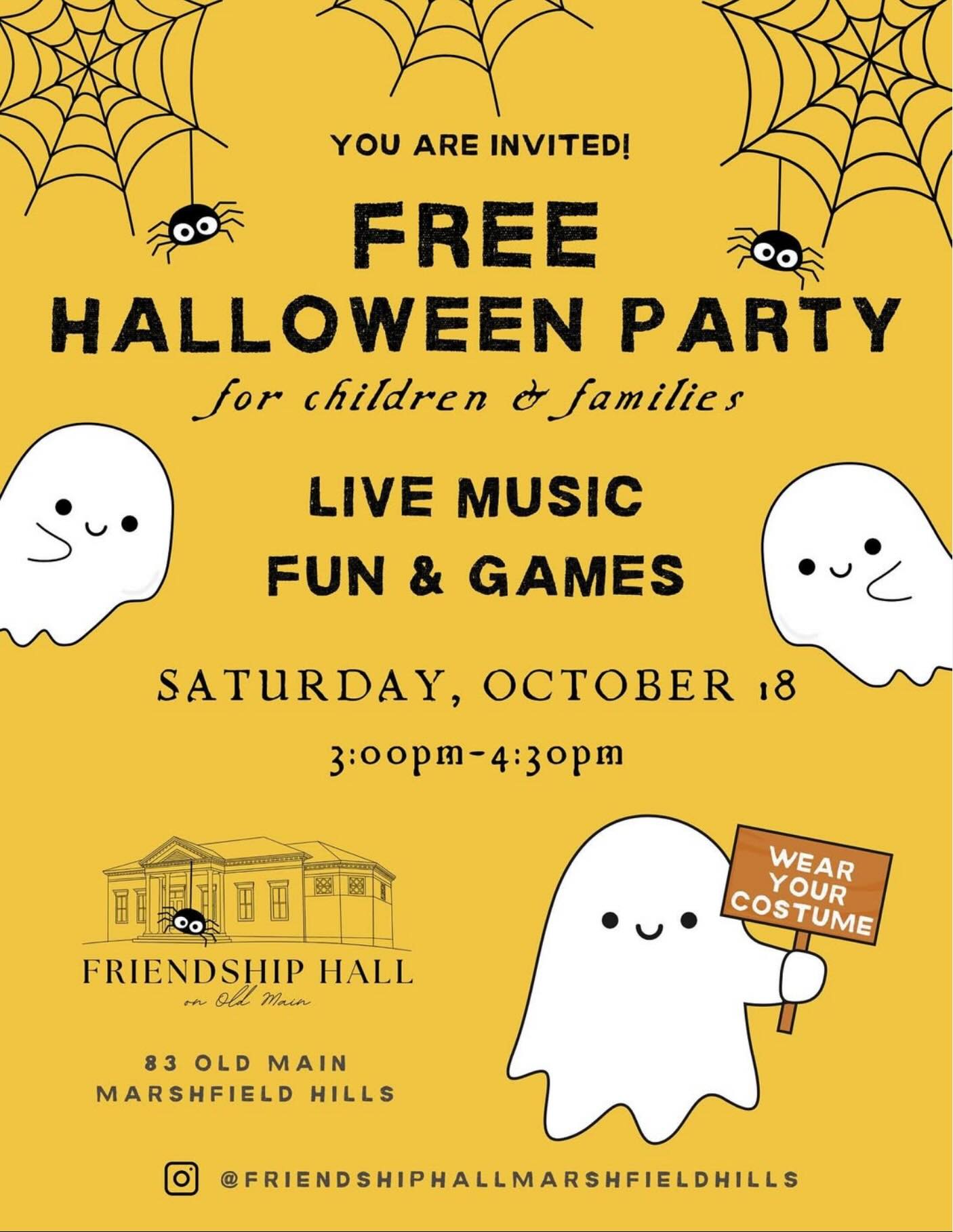 Free Halloween Party flyer with cute ghosts, spider webs, and event details